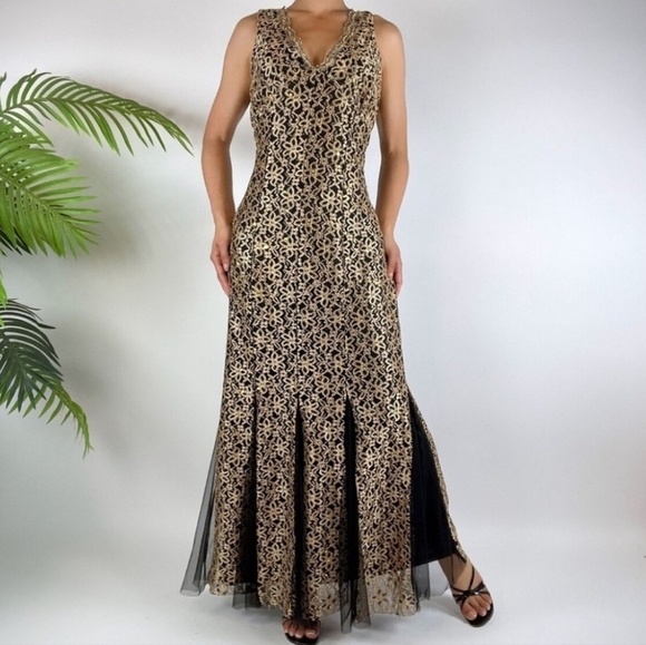 Candalite Black & Gold Maxi Dress With Sheer Panels - Picture 1 of 11
